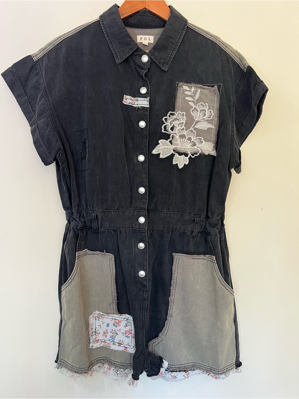 POL Clothing Black Denim Romper Embroidered Patchwork Floral Boho Size L